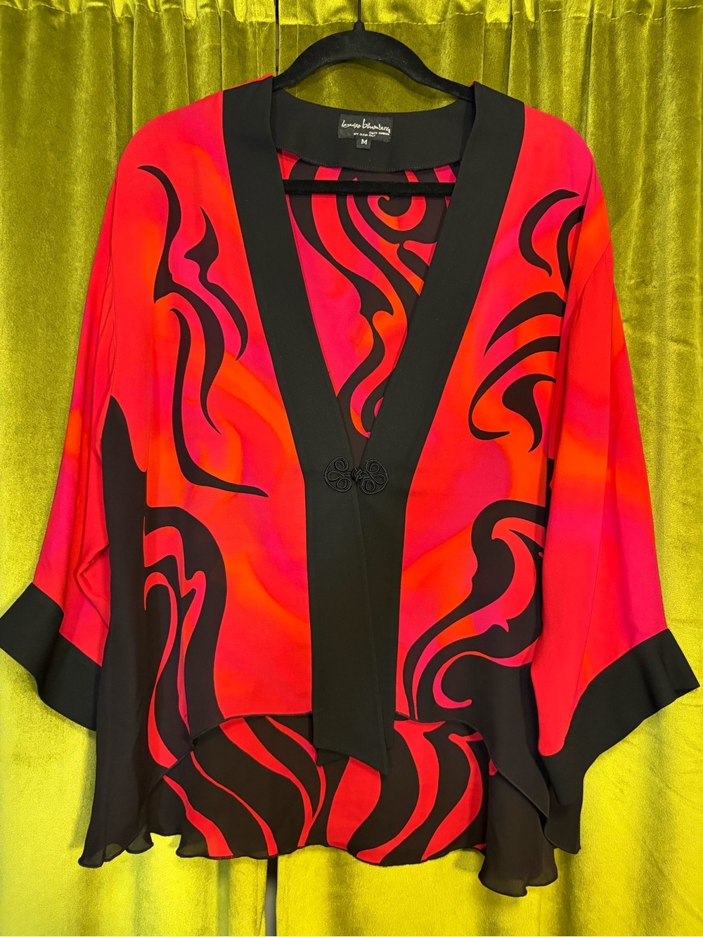 RARE Vintage Louise Blumberg Pink Orange Black Hand dyed Silk Shawl Blouse M